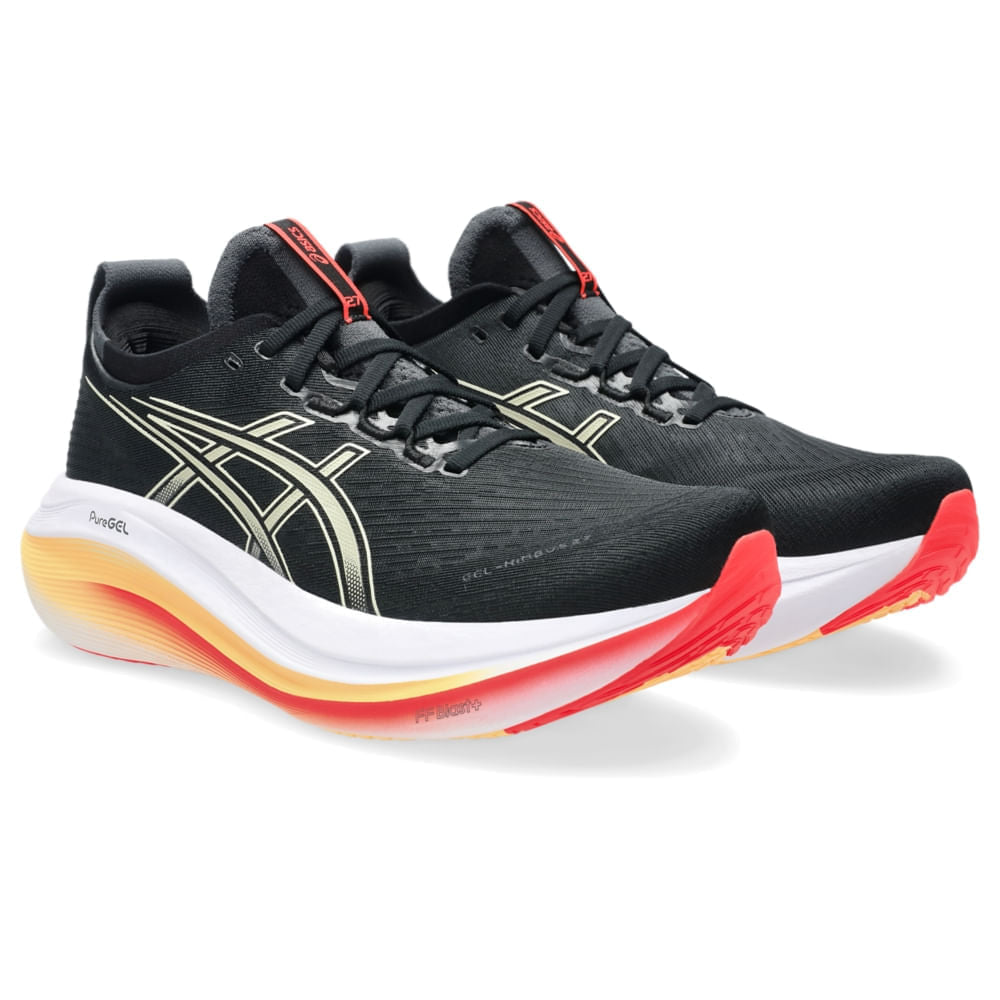 Tênis ASICS GEL-Nimbus 27 - Masculino - Preto/Verde vista frontal em perspectiva - 1011B958-005