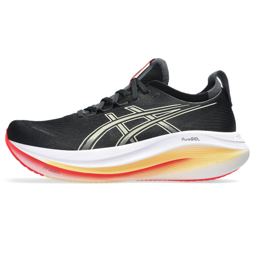 Tênis ASICS GEL-Nimbus 27 - Masculino - Preto/Verde vista lateral esquerda - 1011B958-005