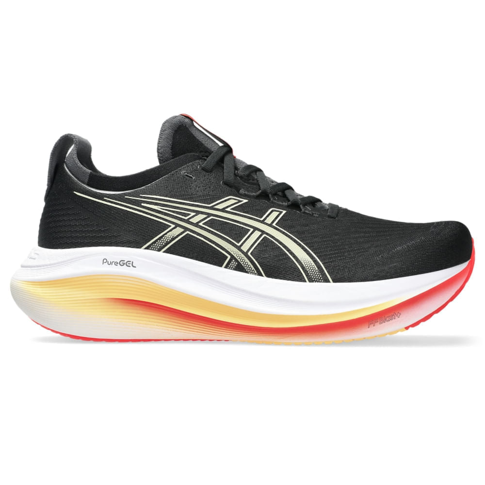 Tênis ASICS GEL-Nimbus 27 - Masculino - Preto/Verde vista lateral direita - 1011B958-005