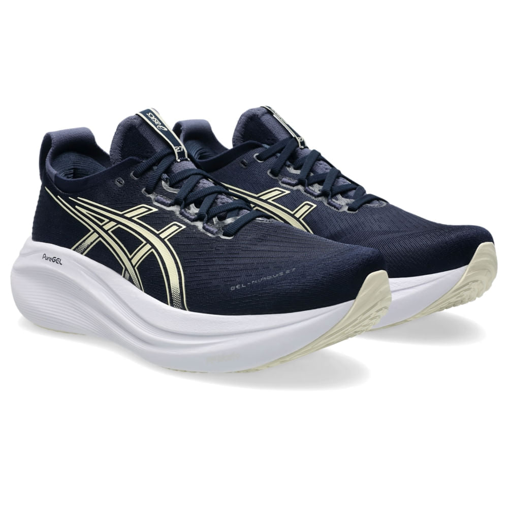 Tênis ASICS GEL-Nimbus 27 - Masculino - Azul/Bege vista frontal em perspectiva - 1011B958-403