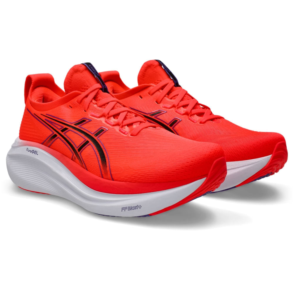 Tênis ASICS GEL-Nimbus 27 - Masculino - Vermelho/Preto vista frontal em perspectiva - 1011B958-600