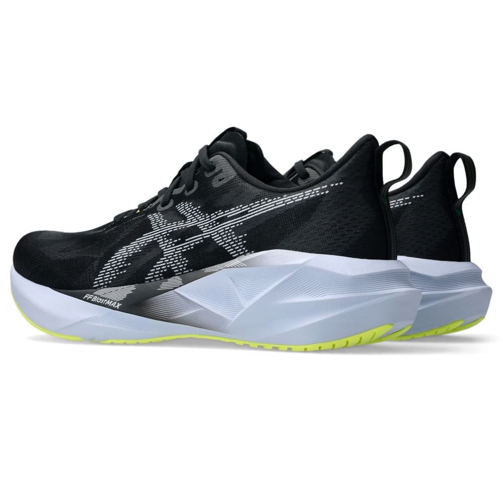Tênis ASICS Novablast 5 - Masculino - Preto/Azul vista frontal - 1011B974-003