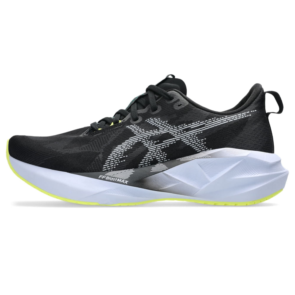 Tênis ASICS Novablast 5 - Masculino - Preto/Azul vista lateral esquerda - 1011B974-003