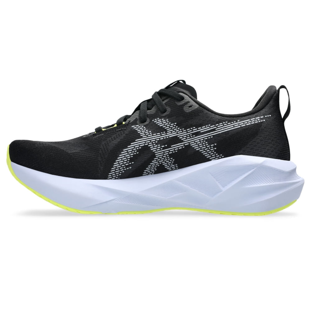 Tênis ASICS Novablast 5 - Masculino - Preto/Azul vista lateral esquerda em perspectiva - 1011B974-003