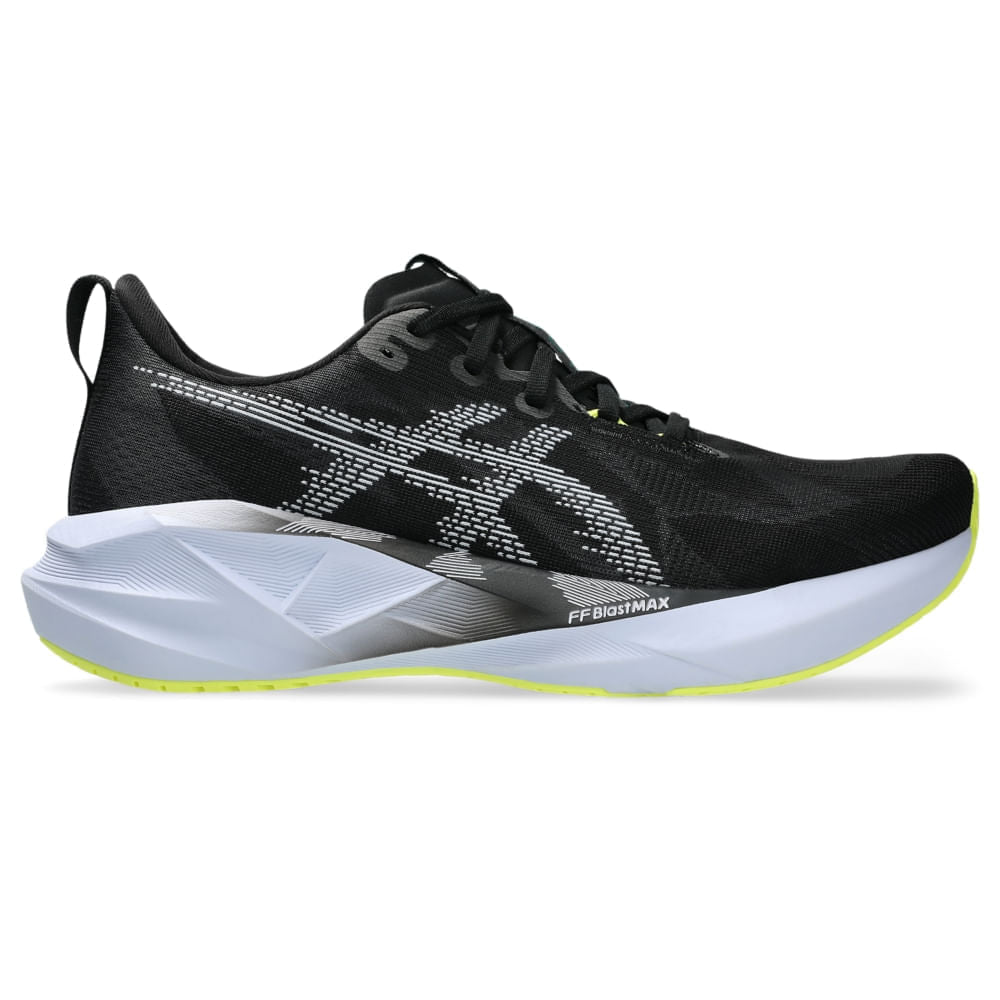 Tênis ASICS Novablast 5 - Masculino - Preto/Azul vista lateral direita - 1011B974-003