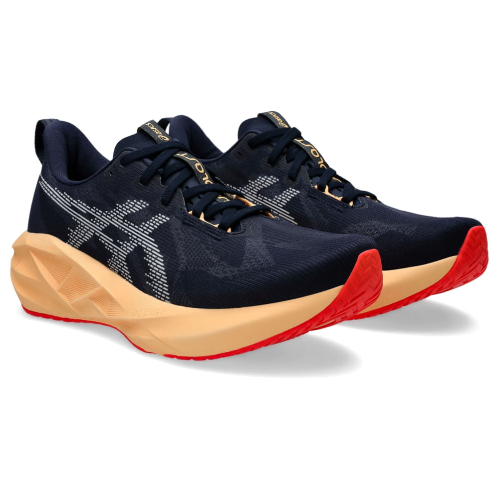 Tênis ASICS Novablast 5 - Masculino - Azul/Laranja vista frontal em perspectiva - 1011B974-404