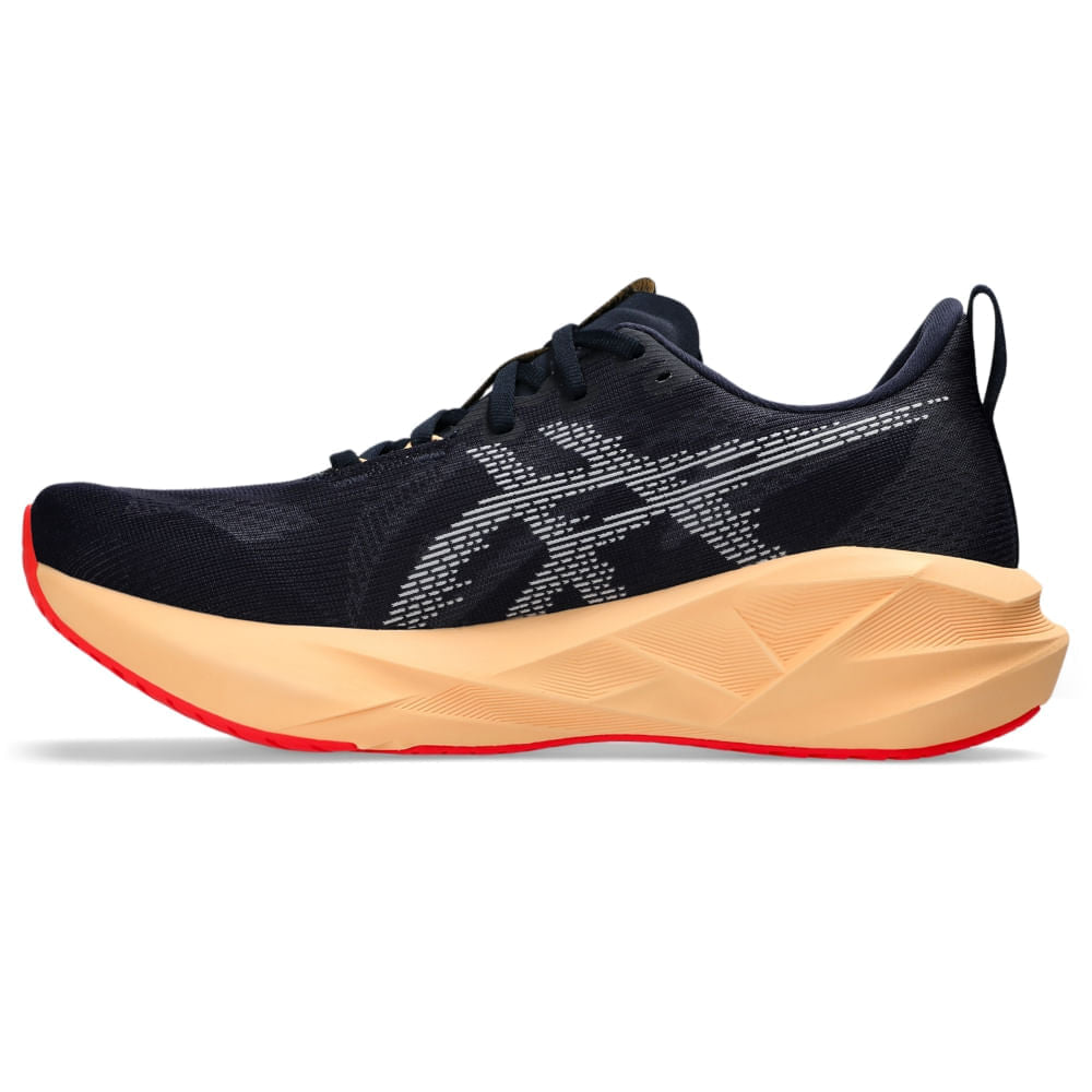 Tênis ASICS Novablast 5 - Masculino - Azul/Laranja vista lateral esquerda em perspectiva - 1011B974-404