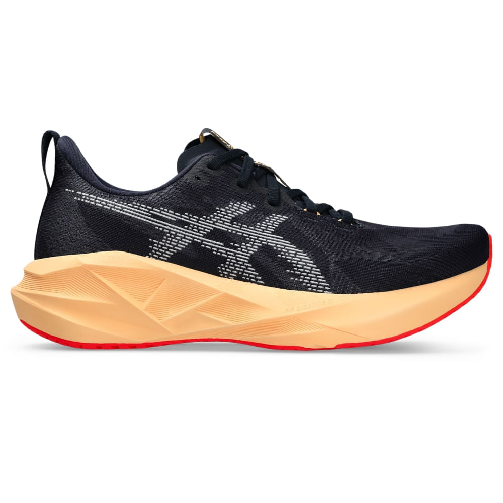 Tênis ASICS Novablast 5 - Masculino - Azul/Laranja vista lateral direita - 1011B974-404