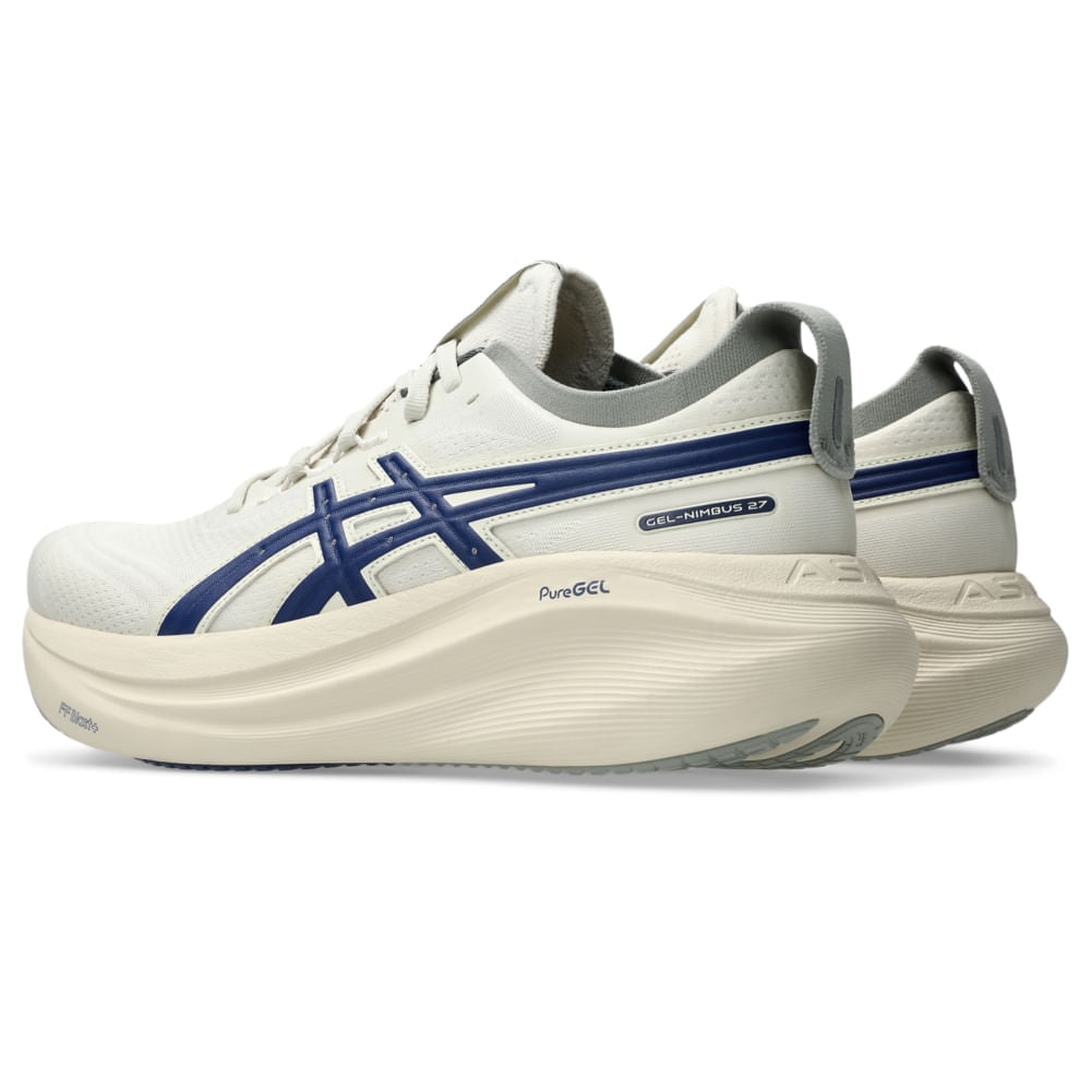 Tênis ASICS GEL-Nimbus 27 ATC - Masculino - Bege/Azul vista frontal - 1011C028-200
