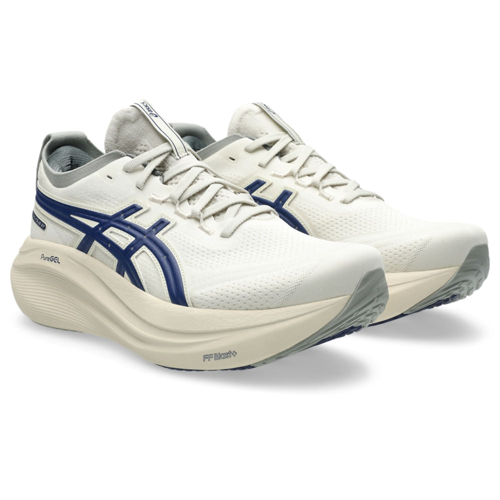 Tênis ASICS GEL-Nimbus 27 ATC - Masculino - Bege/Azul vista frontal em perspectiva - 1011C028-200