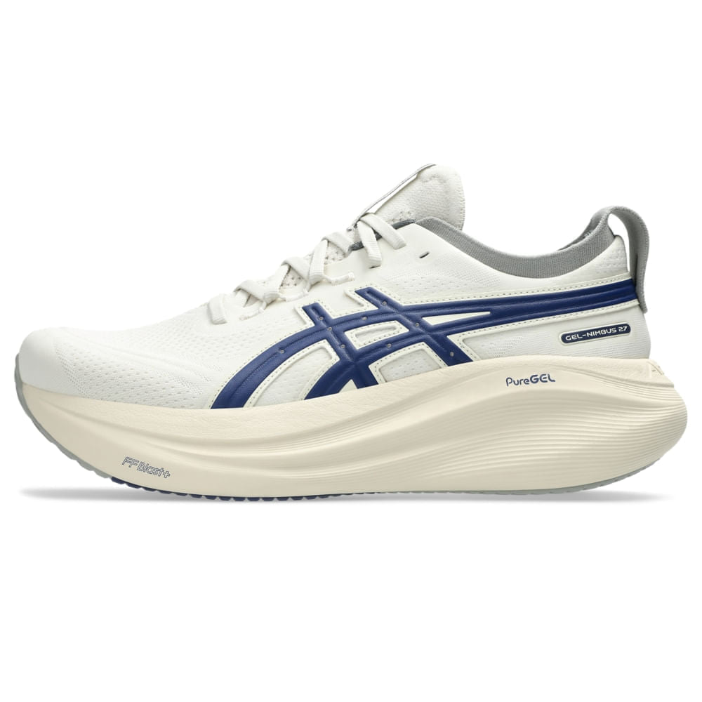 Tênis ASICS GEL-Nimbus 27 ATC - Masculino - Bege/Azul vista lateral esquerda - 1011C028-200