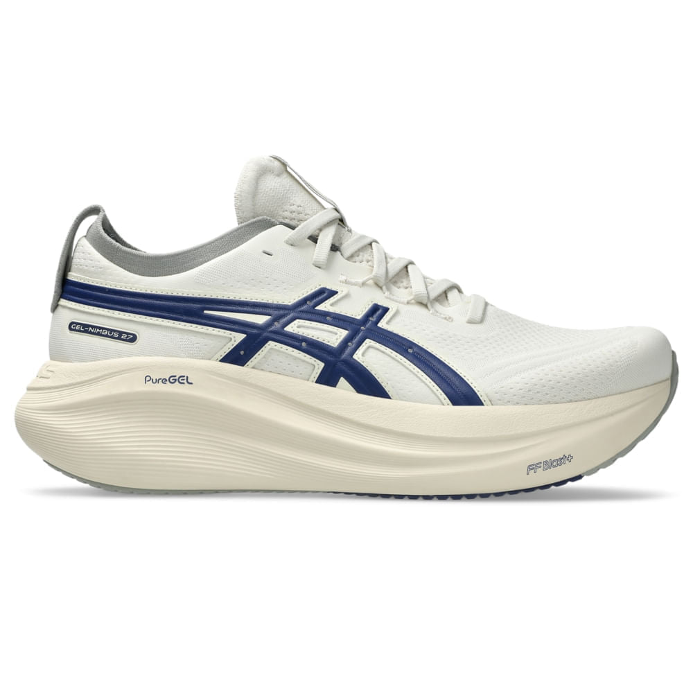 Tênis ASICS GEL-Nimbus 27 ATC - Masculino - Bege/Azul vista lateral direita - 1011C028-200