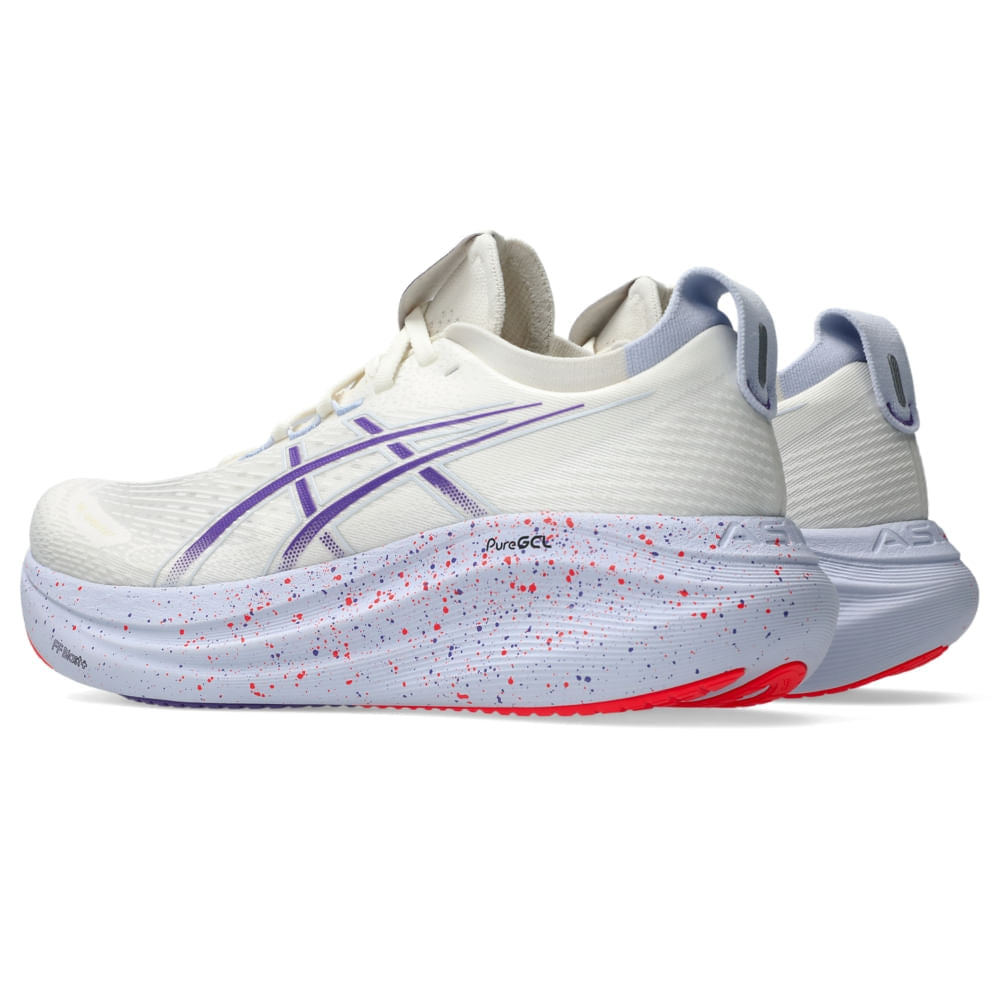 Tênis ASICS GEL-Nimbus 27 Tokyo - Masculino - Bege/Roxo vista frontal - 1011C120-500