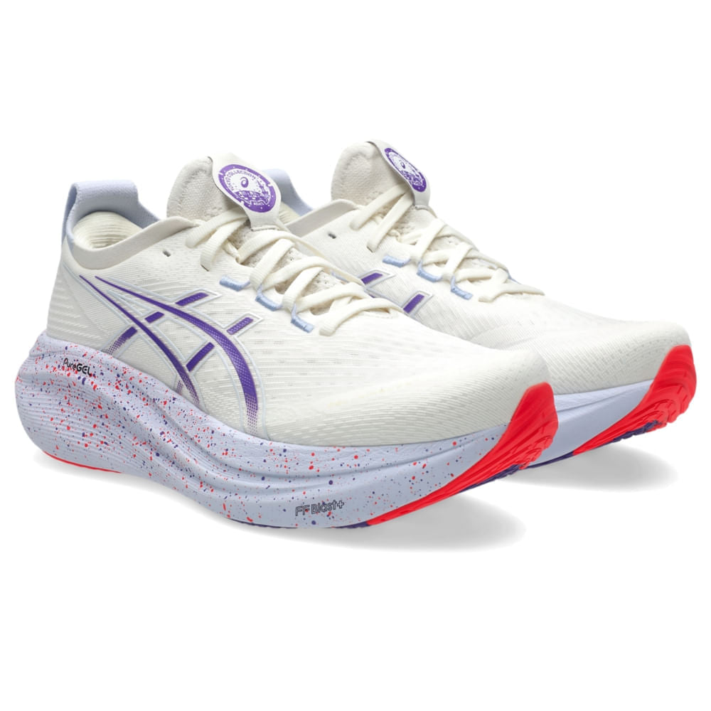 Tênis ASICS GEL-Nimbus 27 Tokyo - Masculino - Bege/Roxo vista frontal em perspectiva - 1011C120-500