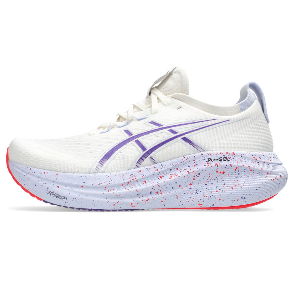 Tênis ASICS GEL-Nimbus 27 Tokyo - Masculino - Bege/Roxo vista lateral esquerda - 1011C120-500