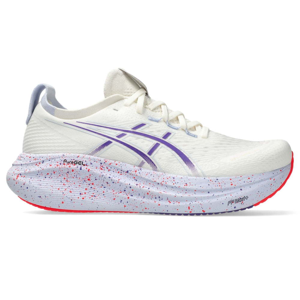Tênis ASICS GEL-Nimbus 27 Tokyo - Masculino - Bege/Roxo vista lateral direita - 1011C120-500