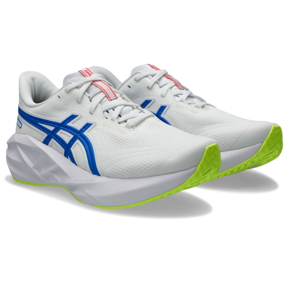 Tênis ASICS Novablast 5 Atc - Masculino - Branco/Azul vista frontal em perspectiva - 1011C137-100