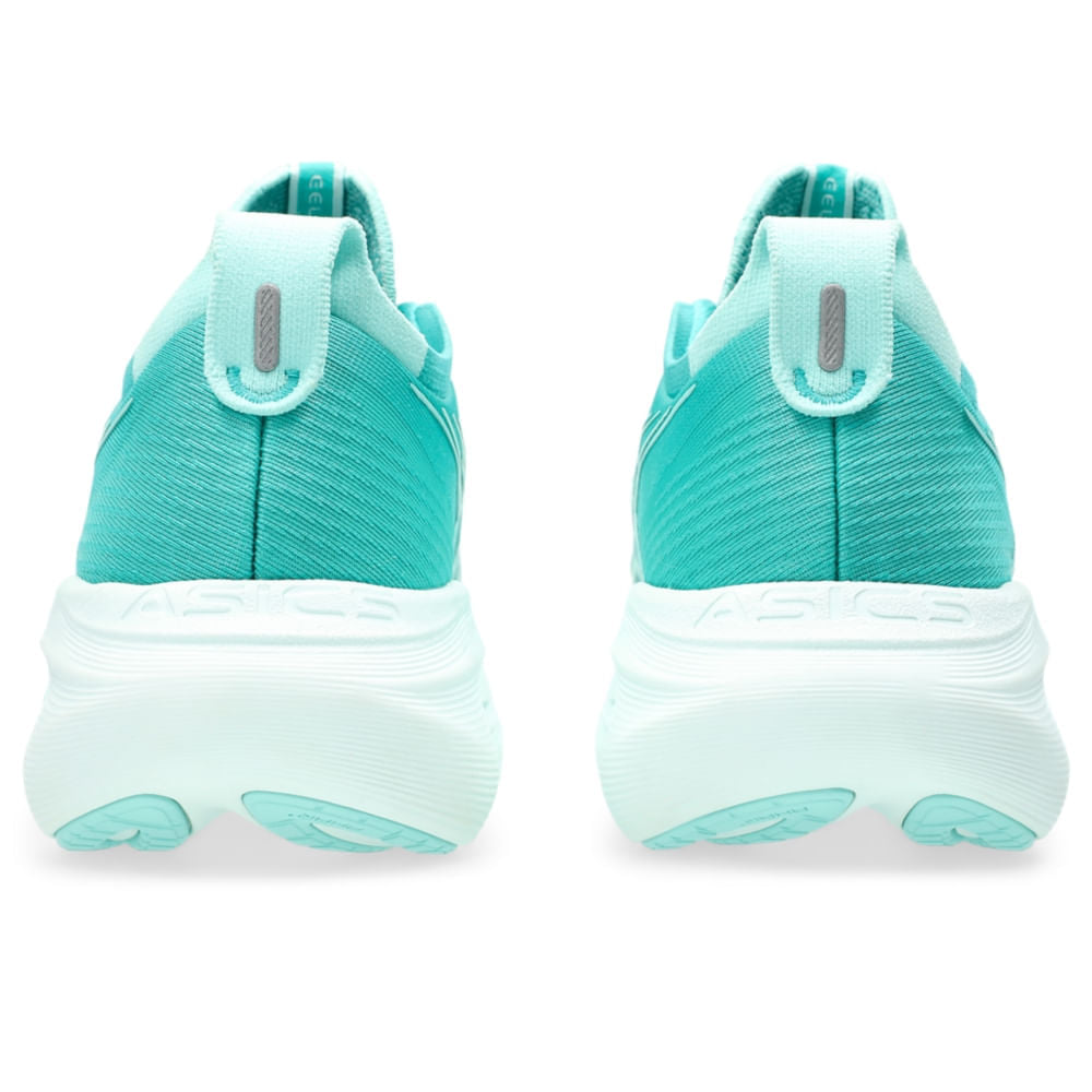 Tênis ASICS GEL-Nimbus 27 - Feminino - Verde/Azul vista traseira do calcanhar - 1012B753-400