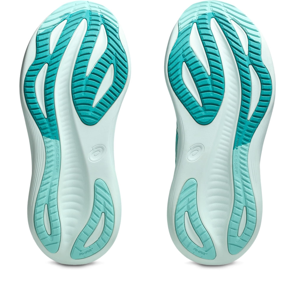 Tênis ASICS GEL-Nimbus 27 - Feminino - Verde/Azul vista inferior do solado - 1012B753-400