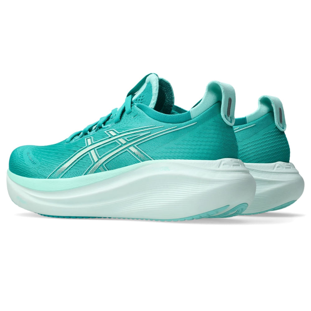 Tênis ASICS GEL-Nimbus 27 - Feminino - Verde/Azul vista frontal - 1012B753-400