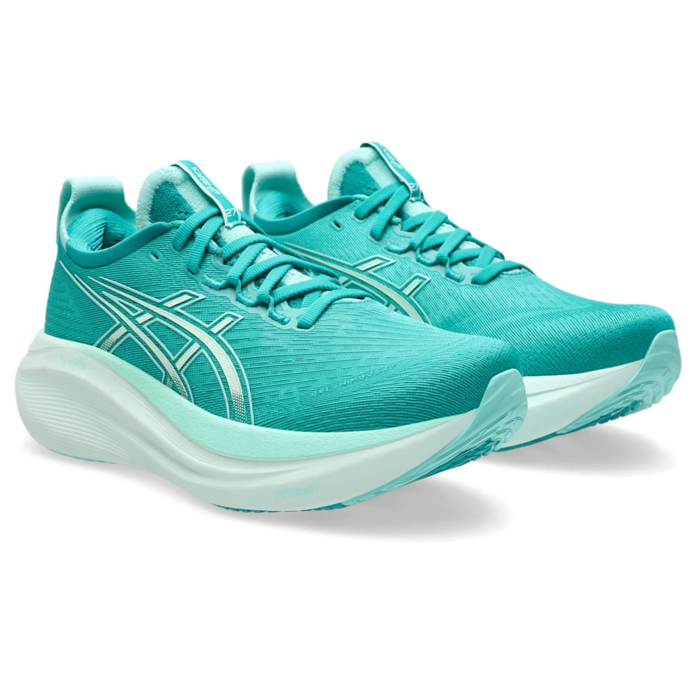 Tênis ASICS GEL-Nimbus 27 - Feminino - Verde/Azul vista frontal em perspectiva - 1012B753-400
