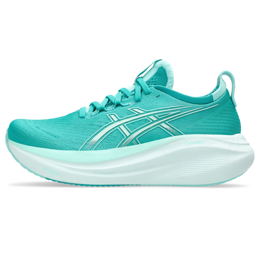 Tênis ASICS GEL-Nimbus 27 - Feminino - Verde/Azul vista lateral esquerda - 1012B753-400