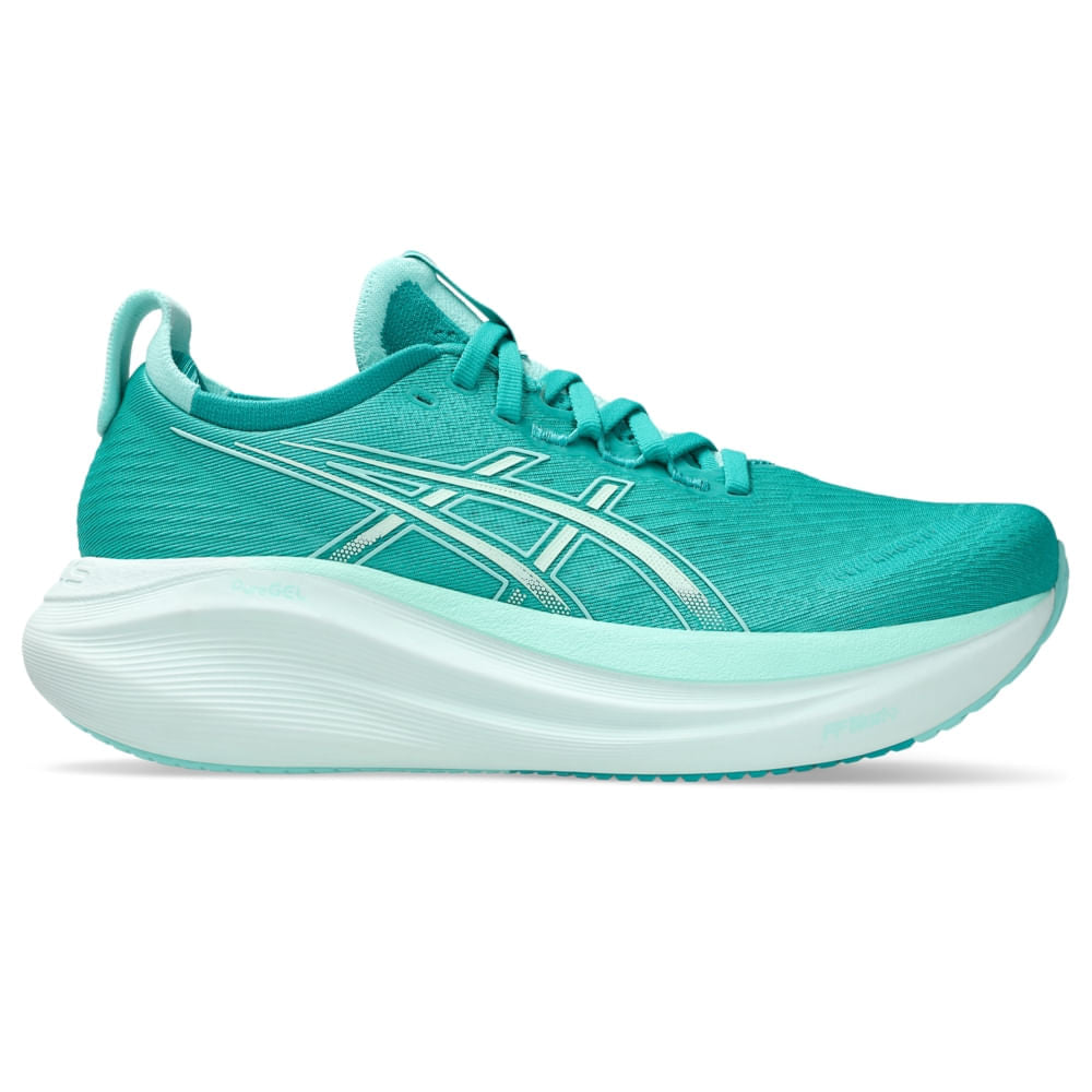 Tênis ASICS GEL-Nimbus 27 - Feminino - Verde/Azul vista lateral direita - 1012B753-400