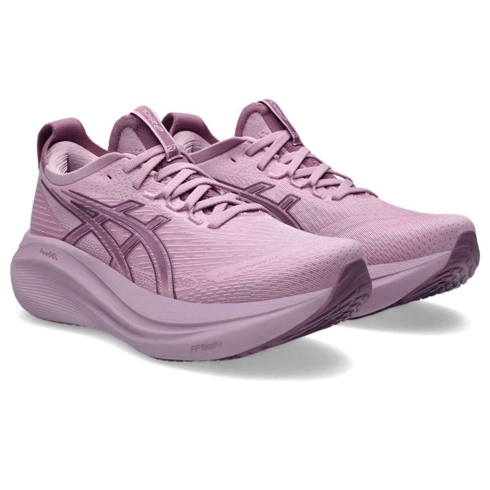Tênis ASICS GEL-Nimbus 27 - Feminino - Roxo/Roxo vista frontal em perspectiva - 1012B753-700