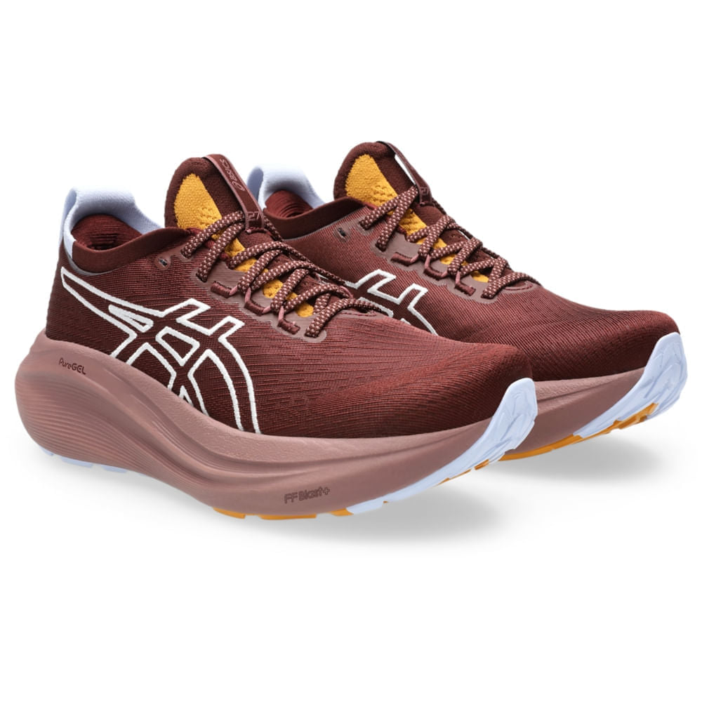 Tênis ASICS GEL-Nimbus 27 Tr - Feminino - Marrom vista frontal em perspectiva - 1012B908-600