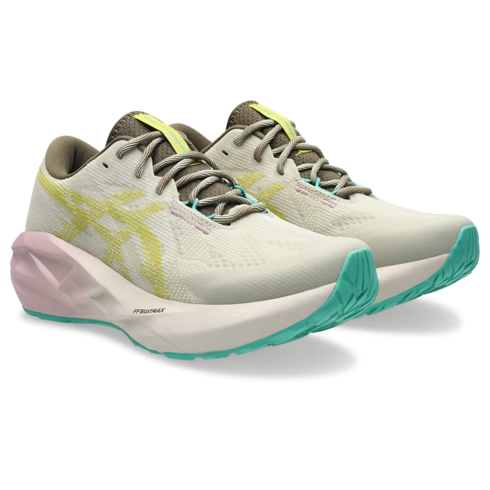 Tênis ASICS Novablast 5 TR - Feminino - Cinza/Verde vista frontal em perspectiva - 1012B983-020
