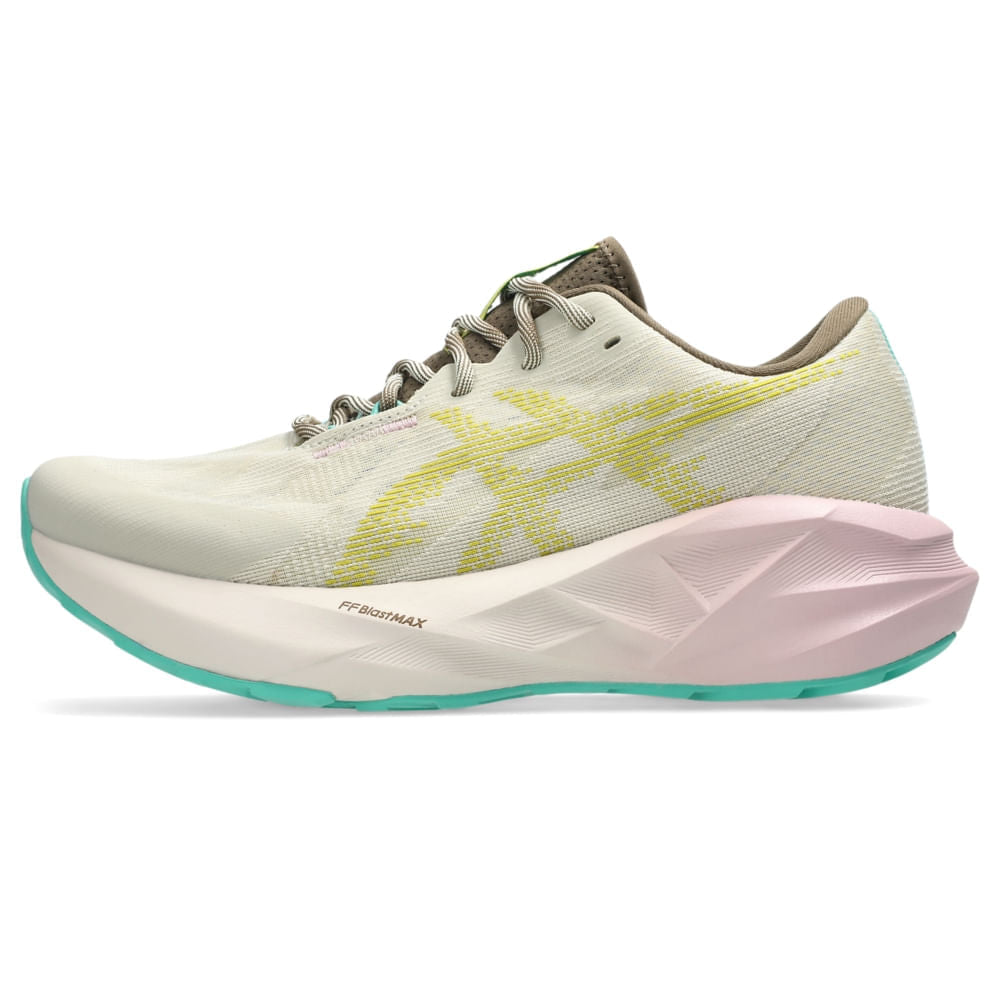 Tênis ASICS Novablast 5 TR - Feminino - Cinza/Verde vista lateral esquerda - 1012B983-020