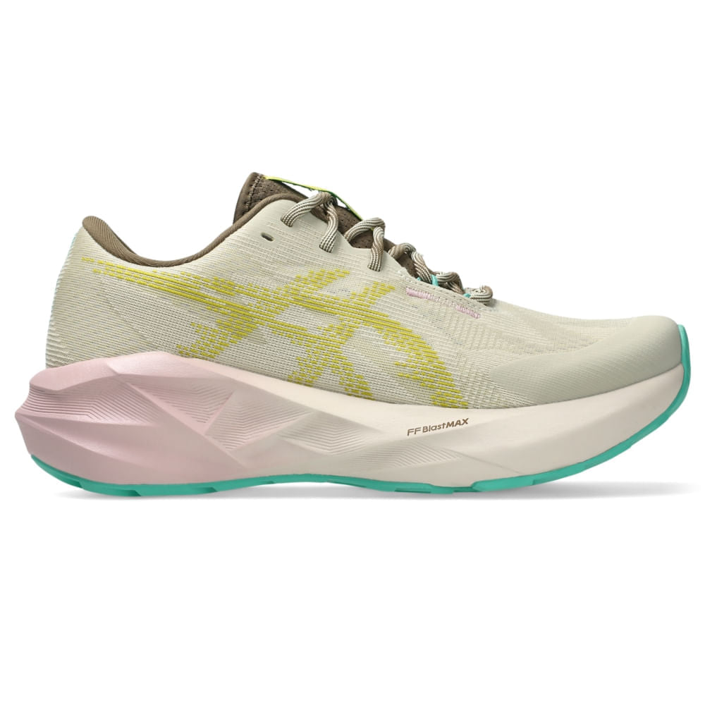 Tênis ASICS Novablast 5 TR - Feminino - Cinza/Verde vista lateral direita - 1012B983-020