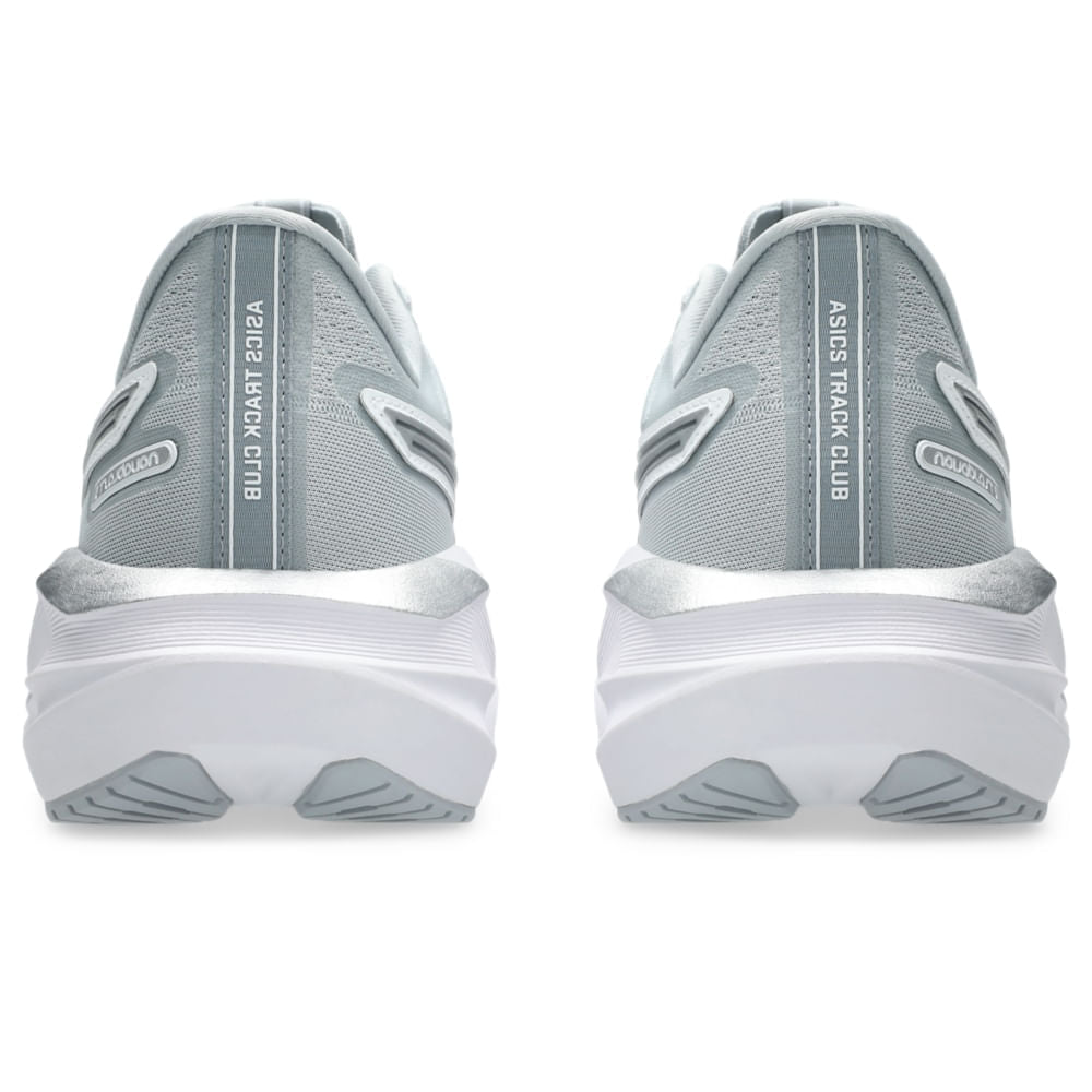 Tênis ASICS Novablast 5 ATC - Feminino - Cinza/Prata vista traseira do calcanhar - 1012B990-020