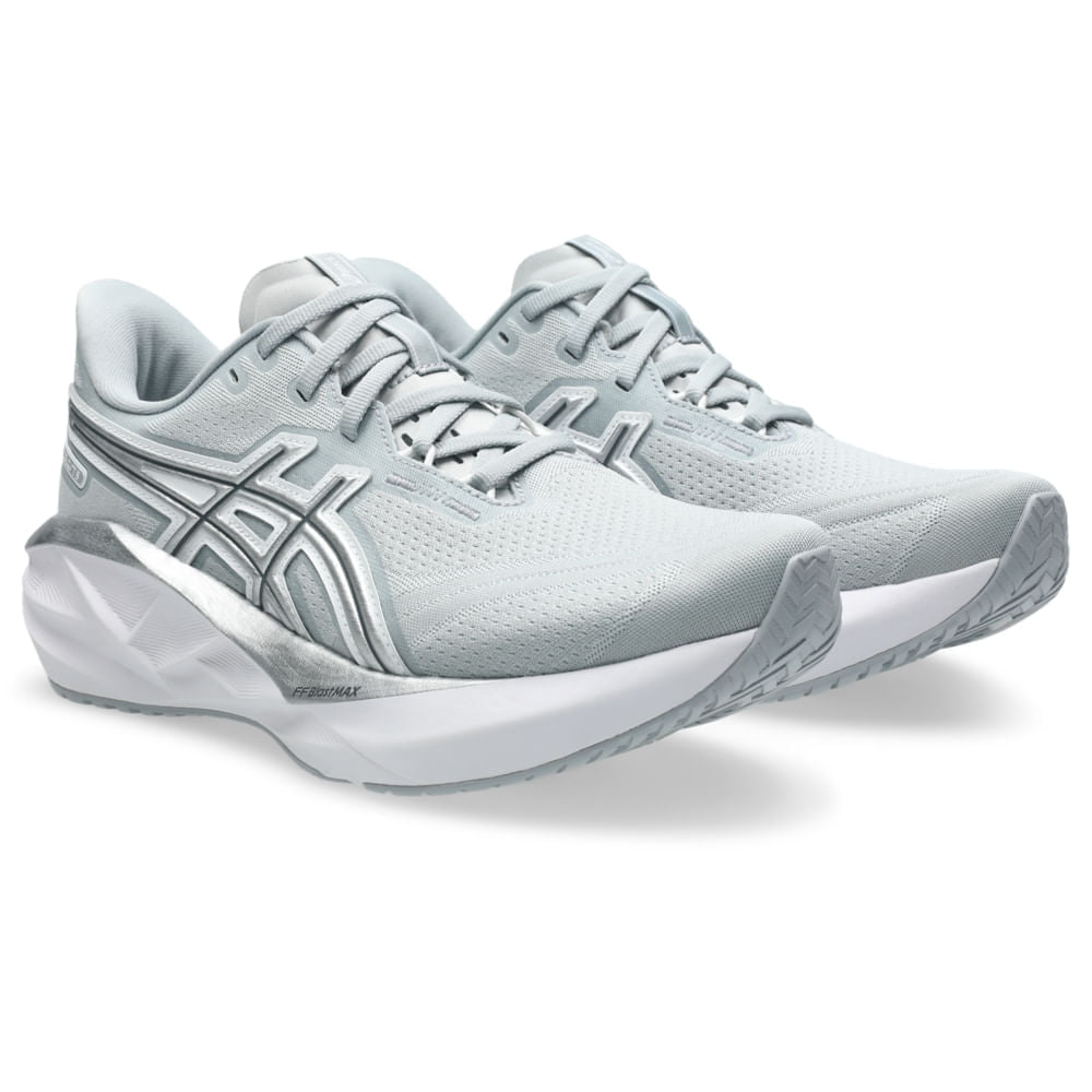 Tênis ASICS Novablast 5 ATC - Feminino - Cinza/Prata vista frontal em perspectiva - 1012B990-020