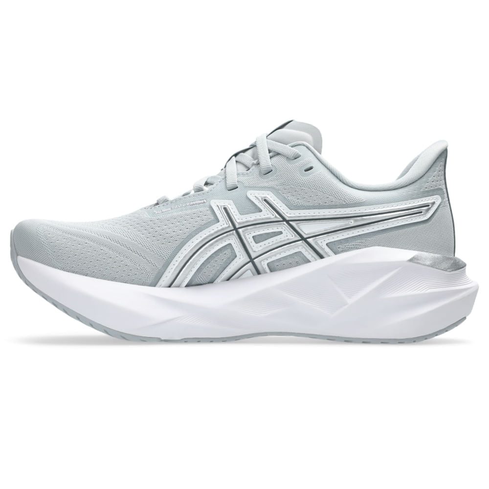 Tênis ASICS Novablast 5 ATC - Feminino - Cinza/Prata vista lateral esquerda em perspectiva - 1012B990-020